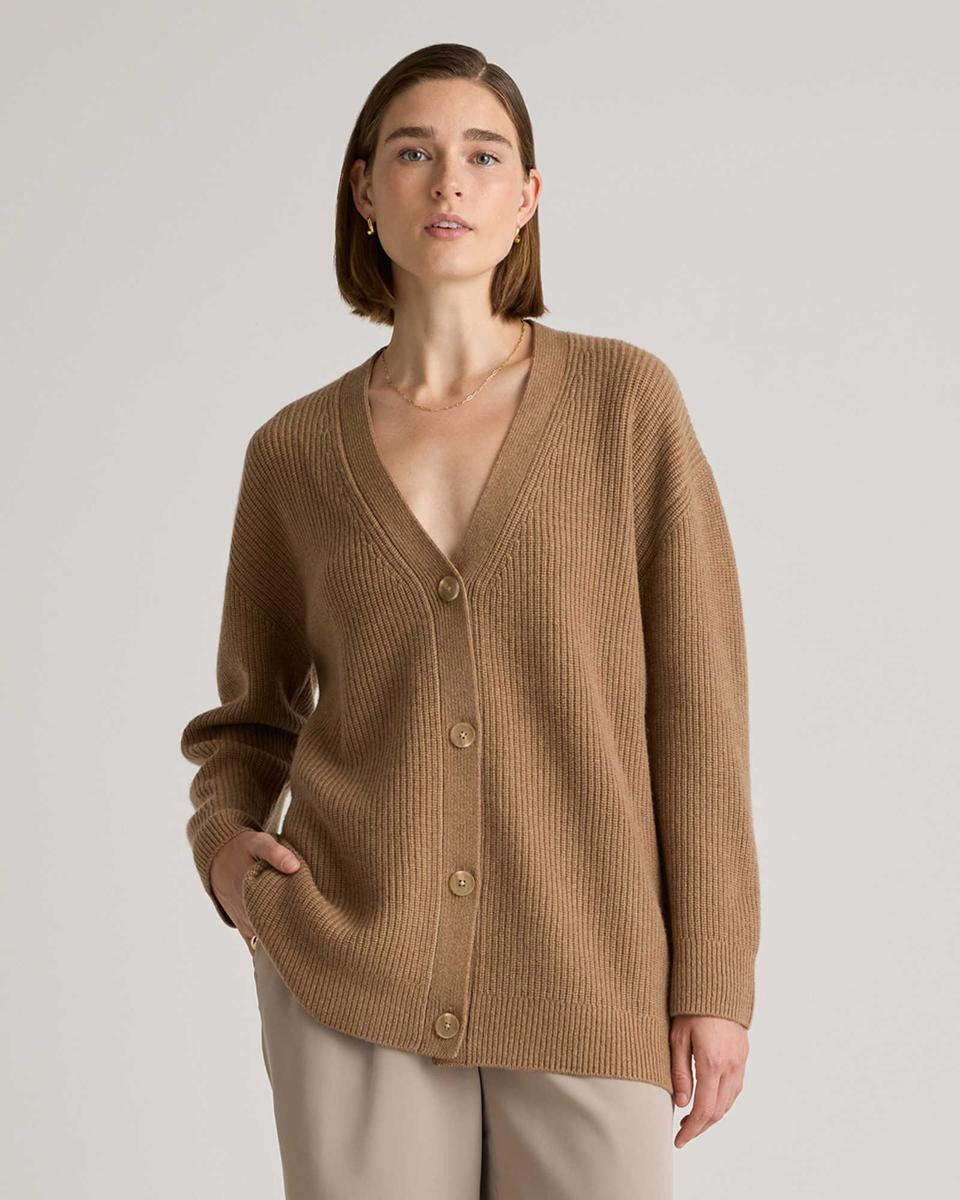 Mongolian Cashmere Oversized Boyfriend Cardigan Sweater on model.