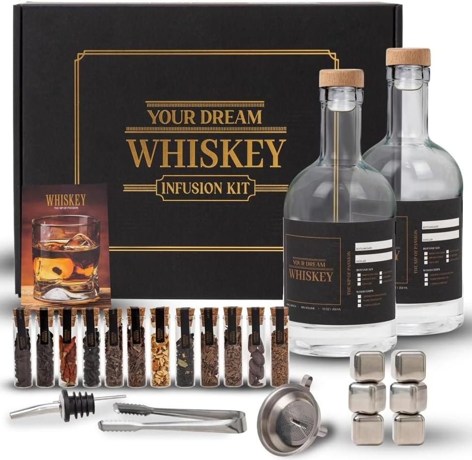 Whiskey Infusion Kit Gift Set Box With All Parts Out On Display on White Background