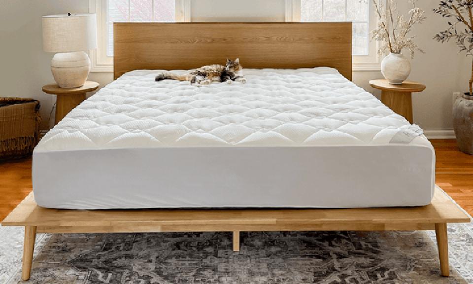 Puffy Deluxe Mattress Pad with a cat lying on it, on Wooden Bed Frame