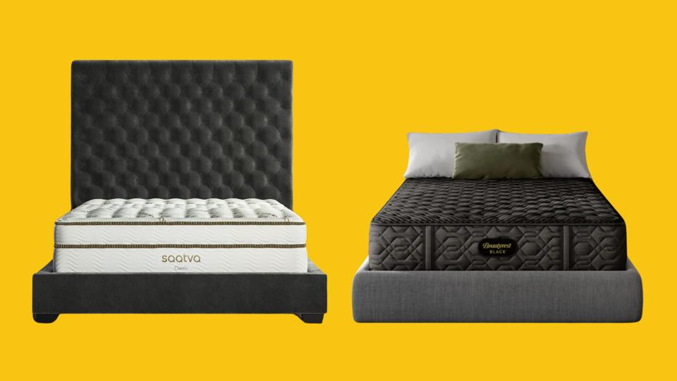 The Saatva Classic and Beautyrest Black mattresses on bed frames against yellow background