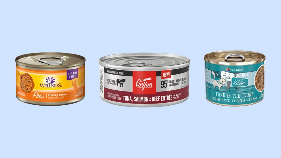 Three cans of the best wet cat food from Wellness, Orijen and Weruva.