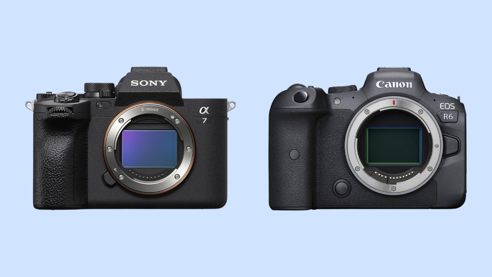 A Sony and a Canon mirrorless camera on a pale blue background