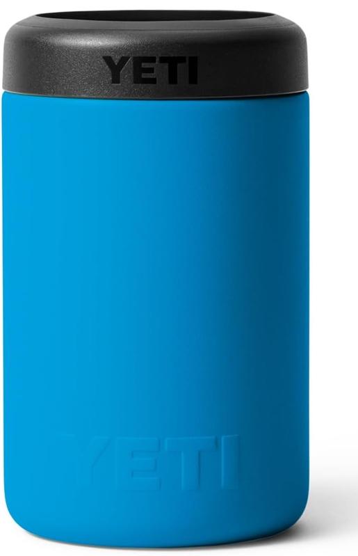 A blue Yeti Colster Can Cooler against a white background