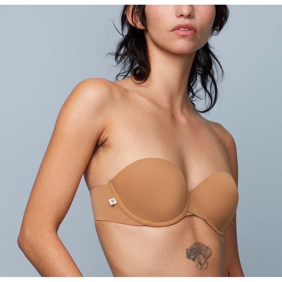 woman in brown strapless bra 