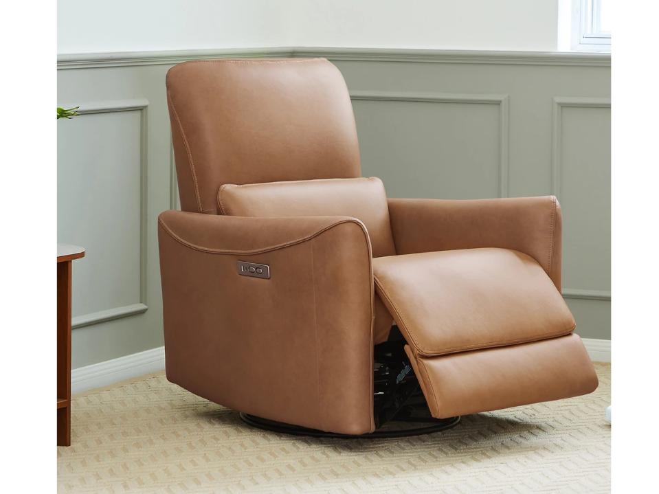 light brown leather Asher Power Swivel Glider Recliner in living room in daytime