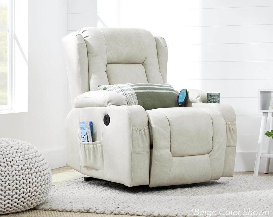 The white Best Choice Products Power Lift Recliner in a white bedroom.