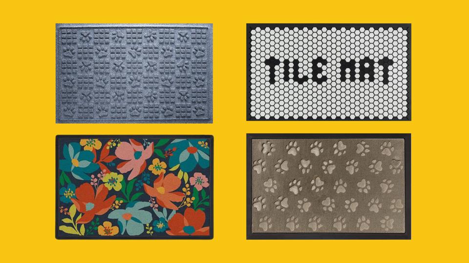 Four different types of doormats against a cheery yellow background. 