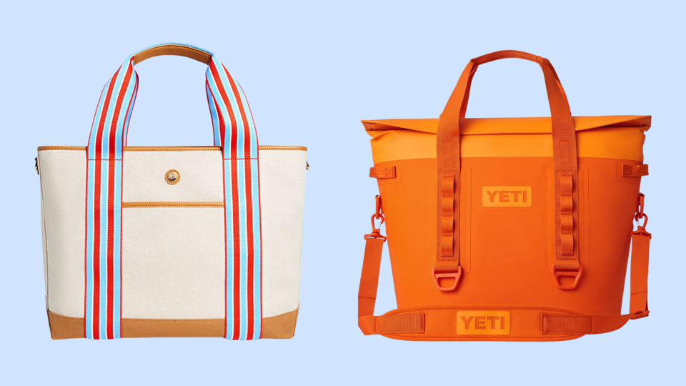 Two of the best beach bags on a light blue background.