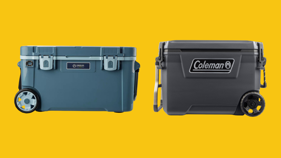 Two wheeled coolers on a bright mustard yellow background