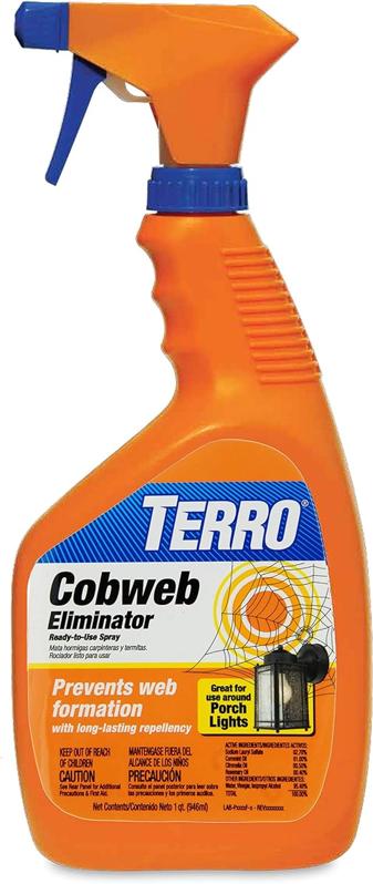 A spray bottle of Terro Cobweb Eliminator against a white background