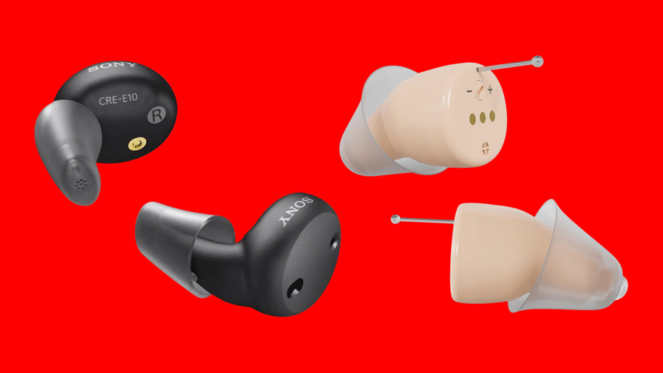 Two pairs of hearing aids on a red background