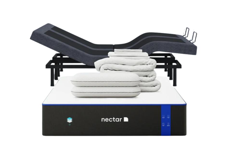 Nectar's adjustable bed bundle with frame, mattress, two pillows, blanket, mattress cover and sheets.