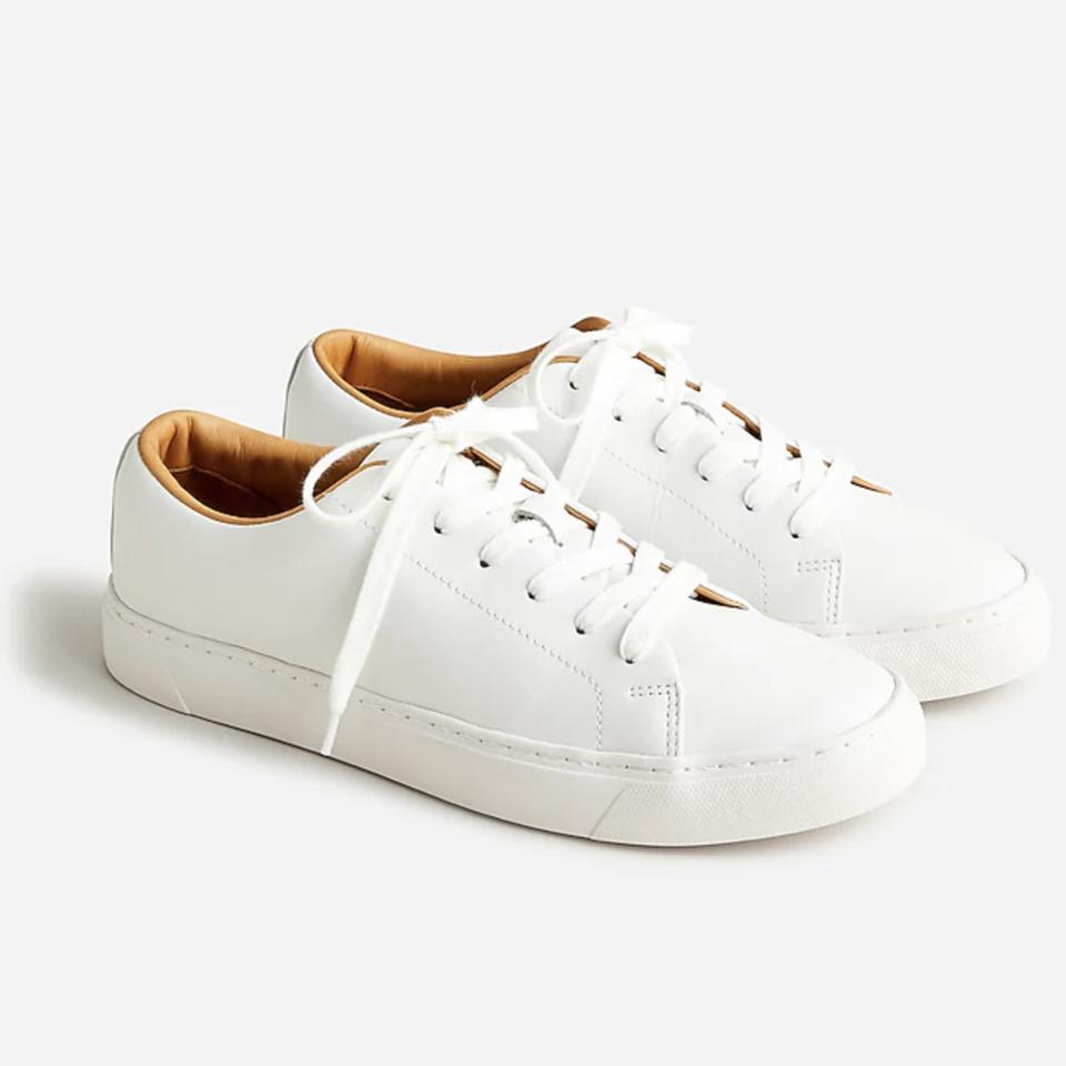 All-white J.Crew Court Sneakers In Leather on white background