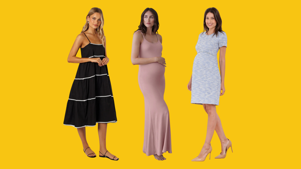 Three pregnant women wearing different style maternity dresses against a bright yellow background.