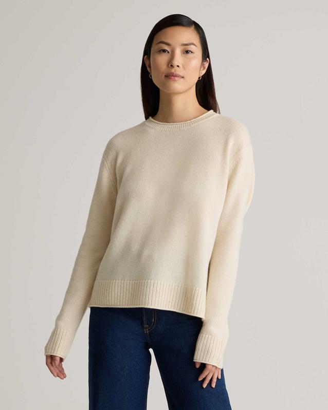 Quince Mongolian Cashmere Boxy Crewneck Sweater on model.