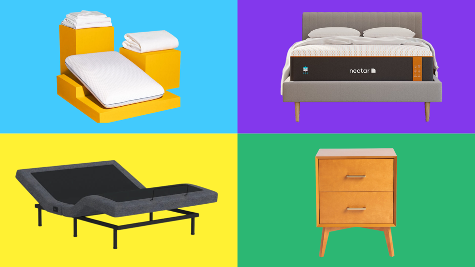 Nectar adjustable bed frame, nightstand, bedding and premier copper mattress on a colorful background. 