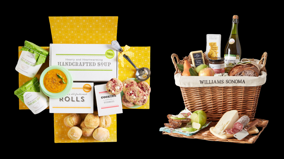 images of spoonful of comfort get well box & williams sonoma picnic hamper on black bg