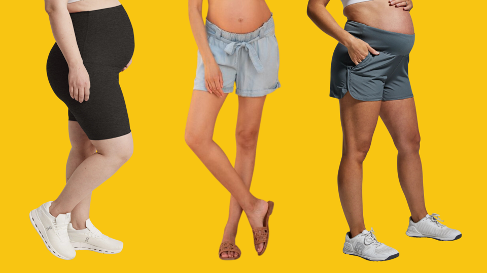 Three pregnant women wearing different types of maternity shorts on a yellow background