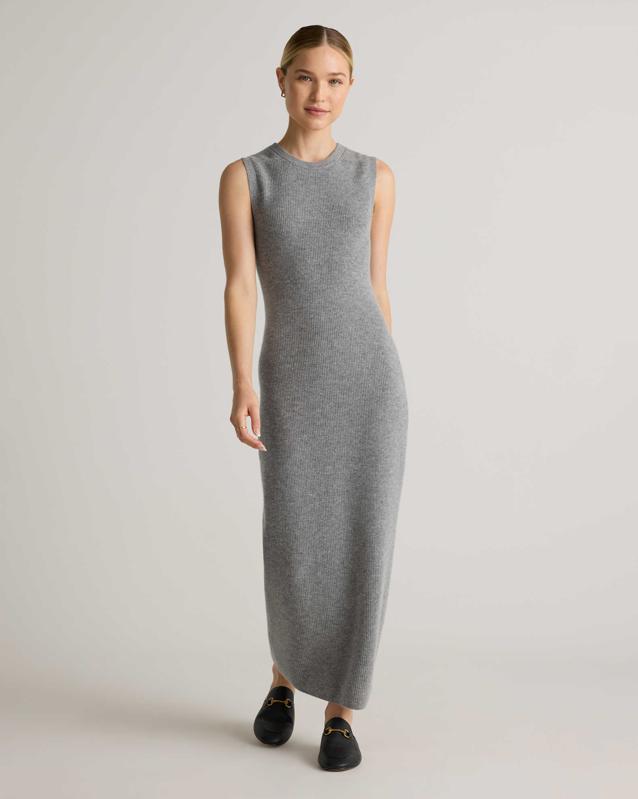 Quince Mongolian Cashmere Sleeveless Midi Sweater Dress on model.