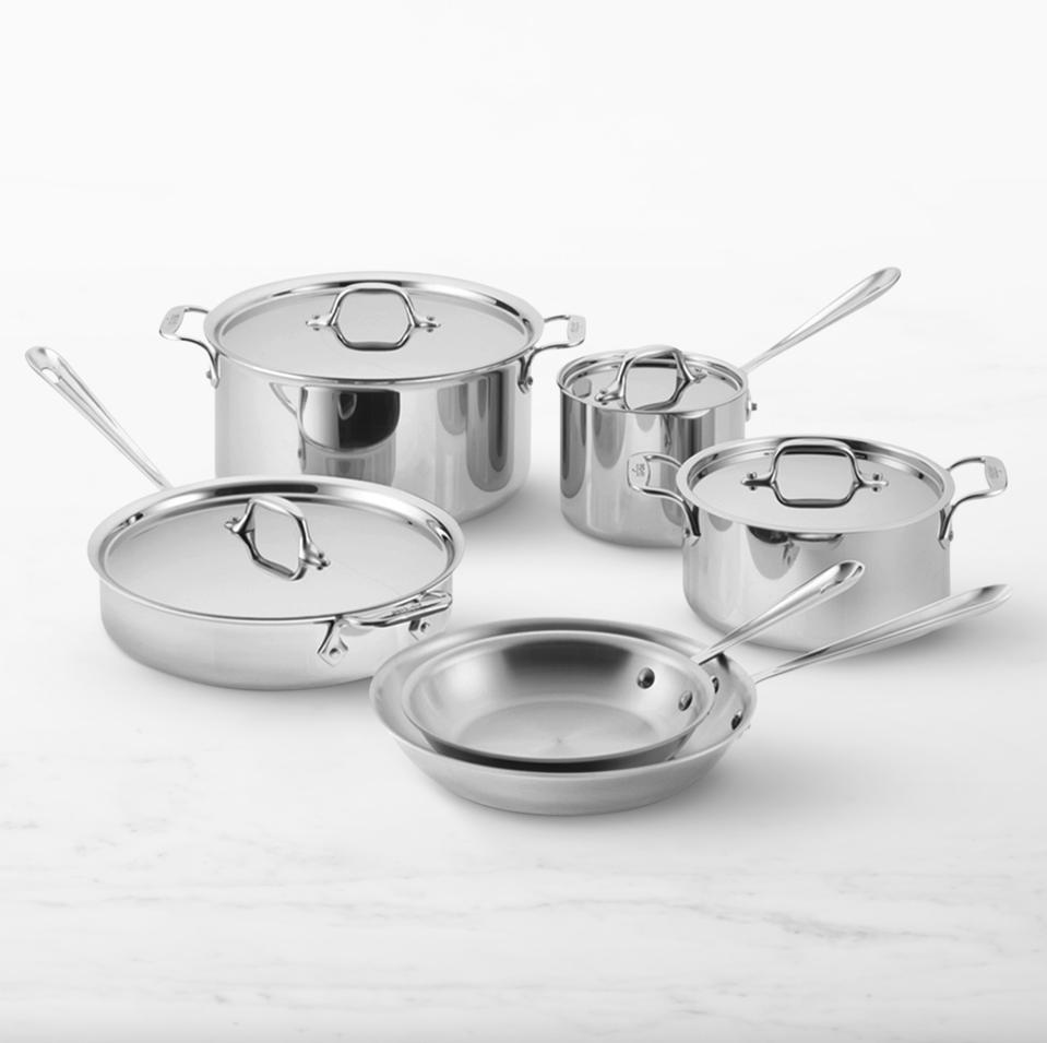 All-Clad D3 Cookware set on a marble countertop