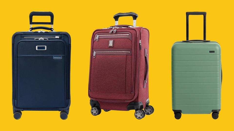 A blue suitcase, a red suitcase and a turquoise suitcase against a yellow background.