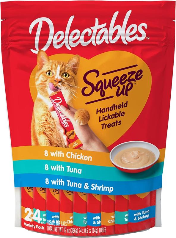 A variety pack of Hartz Delectables Squeeze Up Interactive Lickable Wet Cat Treats 