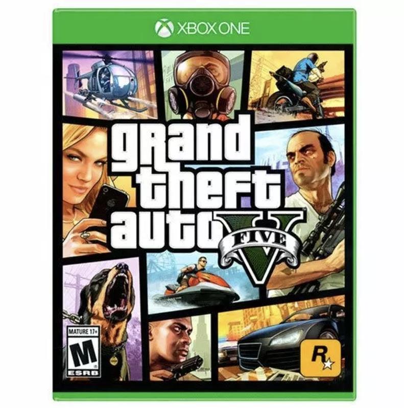 Product shot of the Grand Theft Auto V video game for the Xbox One on a white background.