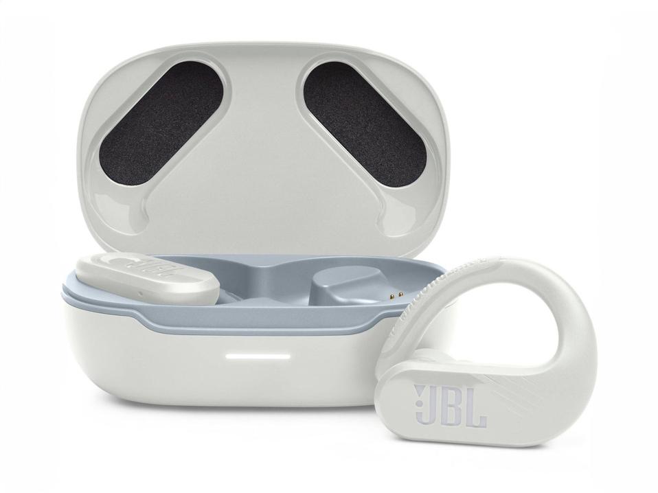 JBL Endurance Peak 3 True Wireless Active Earbuds in white on a white background