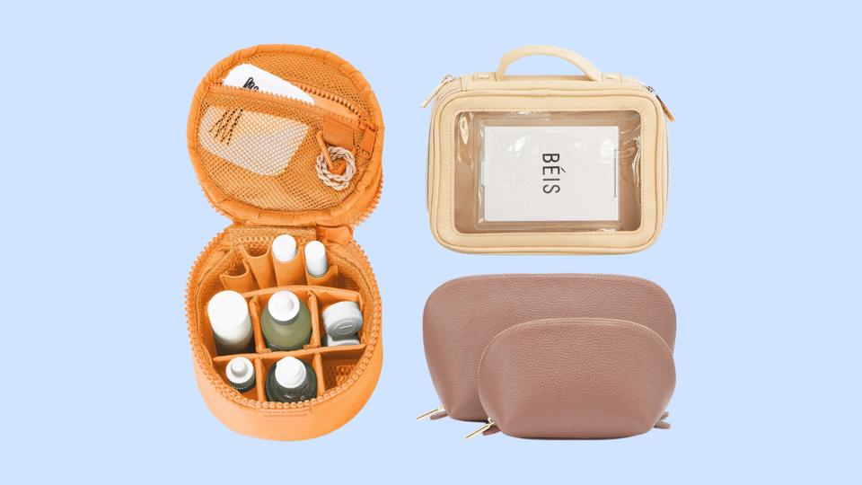 Orange, beige and pink makeup bags against a light blue background.