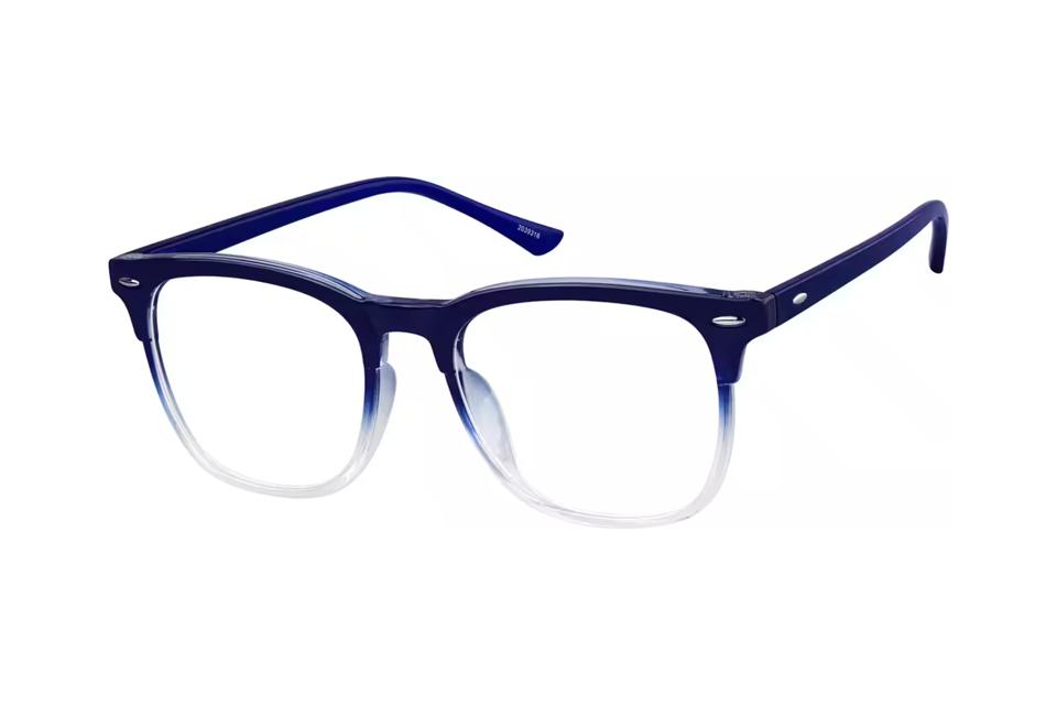 Blue two-tone plastic glasses frames at an angle on a white background