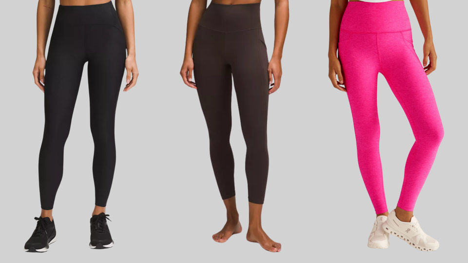 Three pairs of leggings against a gray background