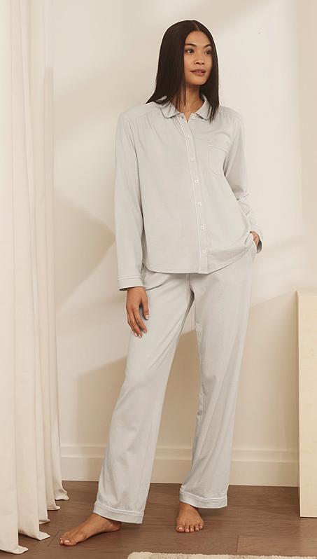 Boll & Branch Soft Knit Long Sleeve & Pants Pajama Set on a female figure