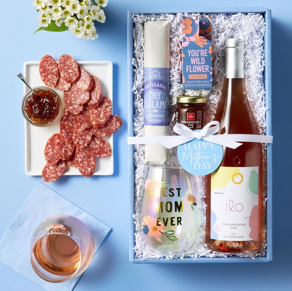 Hickory Farms Mother's Day Treats & Rosé Gift Set on blue background