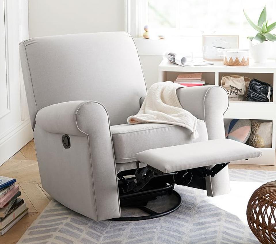 gray reclined Pottery Barn Kids Charleston power Swivel Glider Recliner 