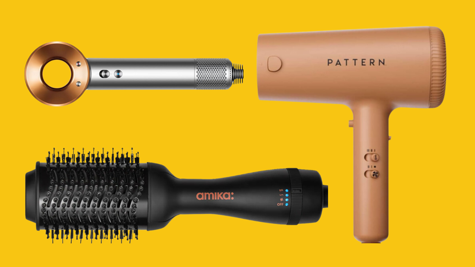 Pattern, Amika and Dyson blow dryers on a yellow background