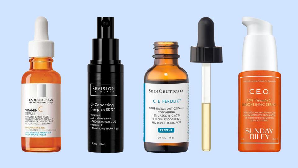 Four of the best vitamin C serums against a light blue background