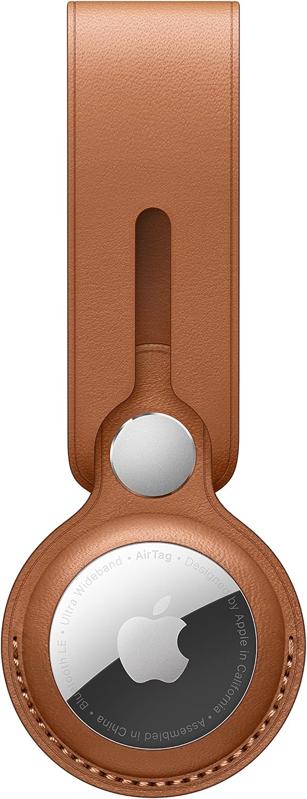 AirTag Saddle Brown Leather Loop on a white background.