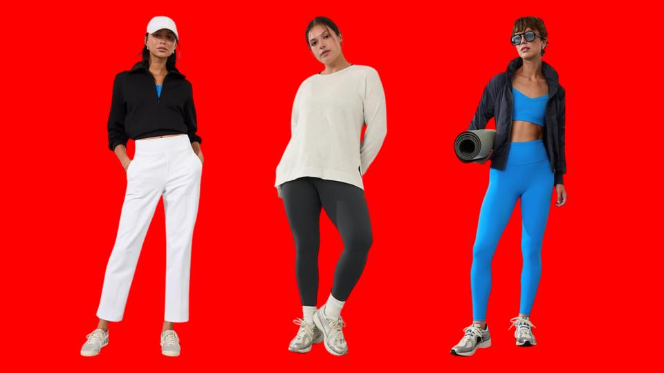 Three models on a red background, each sporting styles from Athleta's Labor Day Sale.