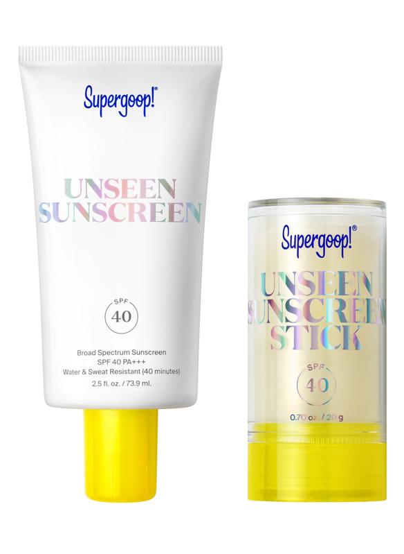 Product shot of Supergoop Unseen Sunscreen Jumbo + Go Set