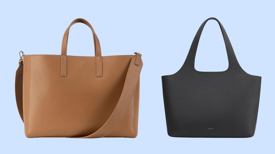 Calpak Haven Tote in Toffee and Cuyana System Tote in black side by side on blue background