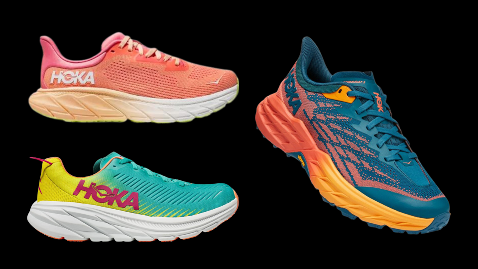 A black background featuring three different Hoka sneaker designs in a variety of colors.