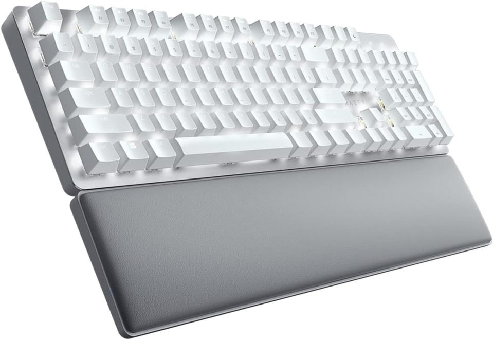 White Razer Pro Type Ultra Wireless Mechanical Keyboard on a white background 