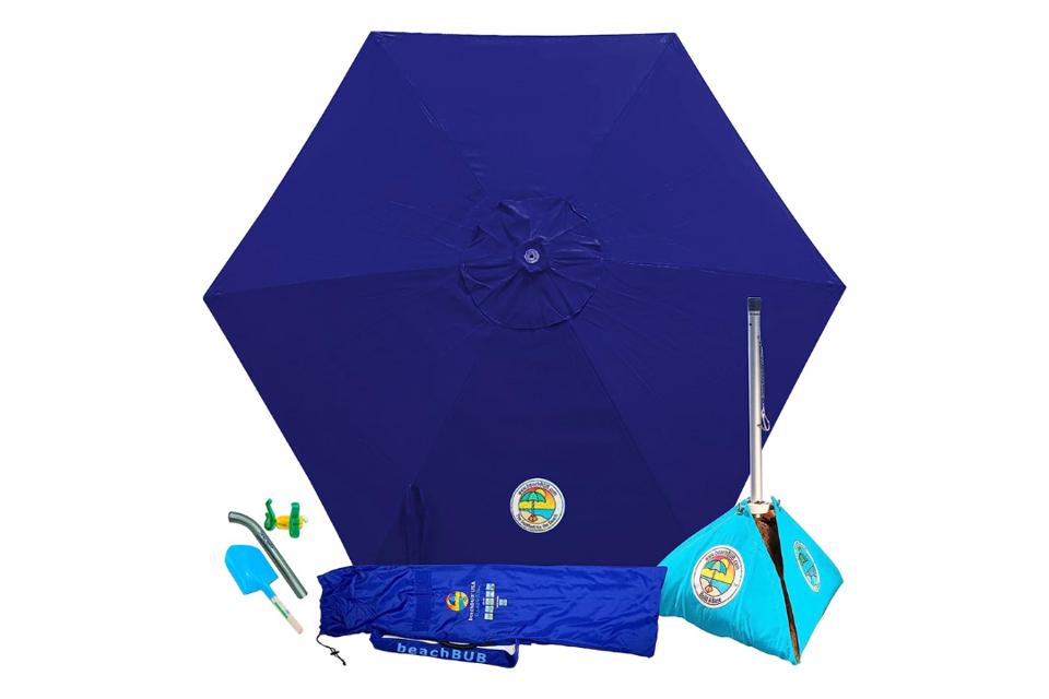 Beachbub All-In-One Umbrella and accompanying accessories on a white background