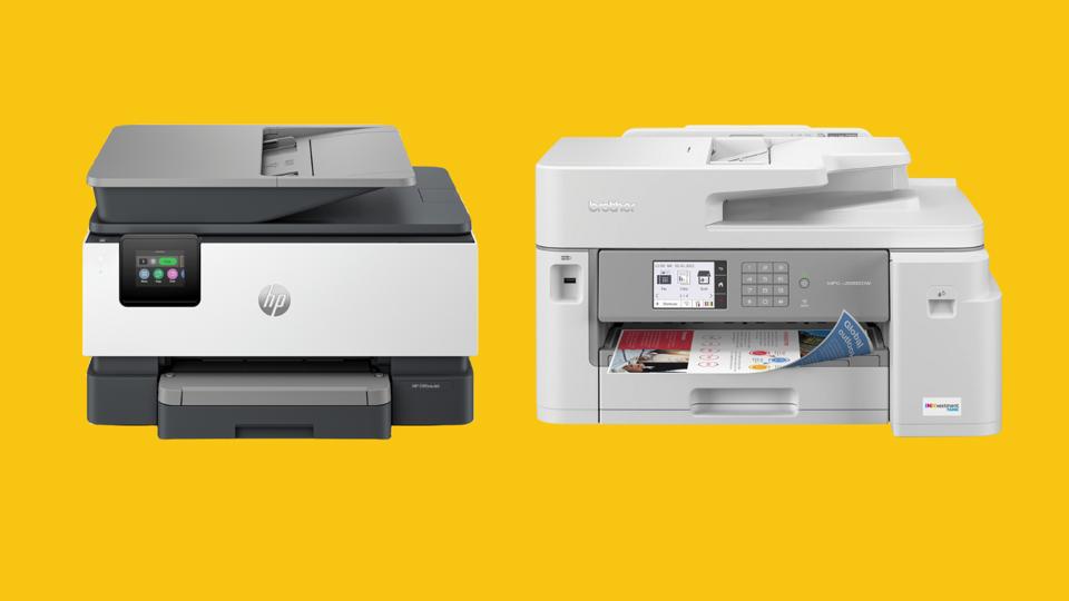 Two of the best home printers against a yellow background.