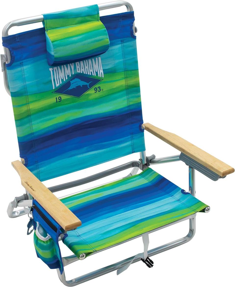 Tommy Bahama Classic Backpack Beach Chair with colorful stripes on a white background