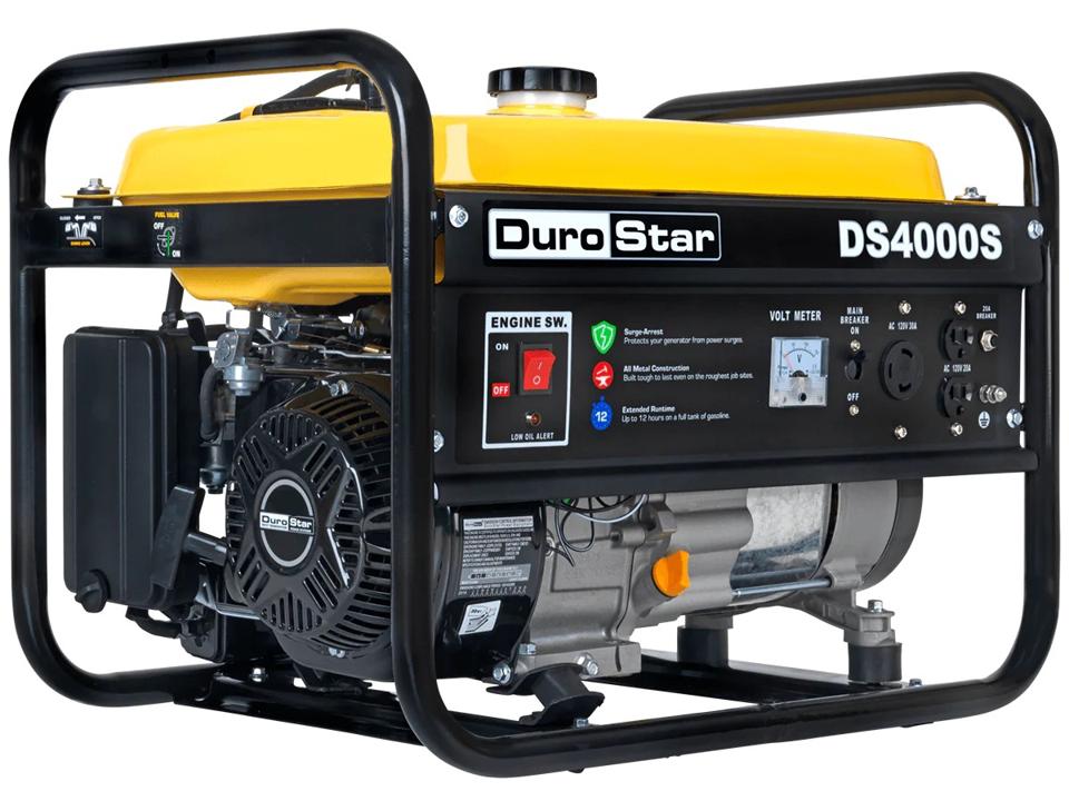 A yellow and black DuroStar portable generator on a white background