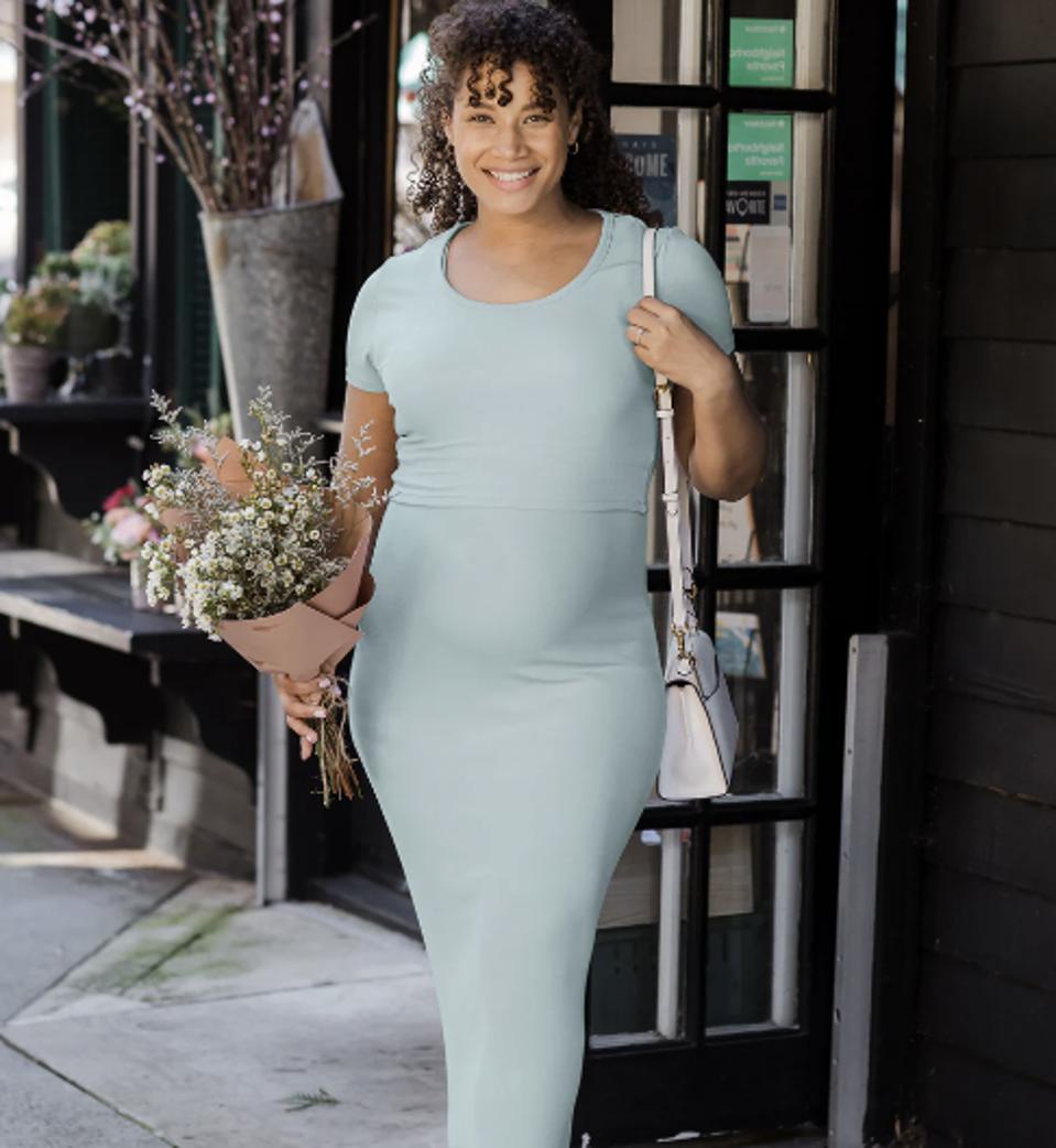 Olivia Ribbed Bamboo 2-in-1 Maternity & Nursing Dress in Dusty Blue Green