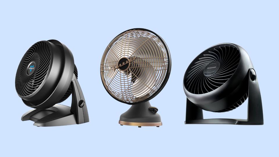 Three different fans on a light blue background.