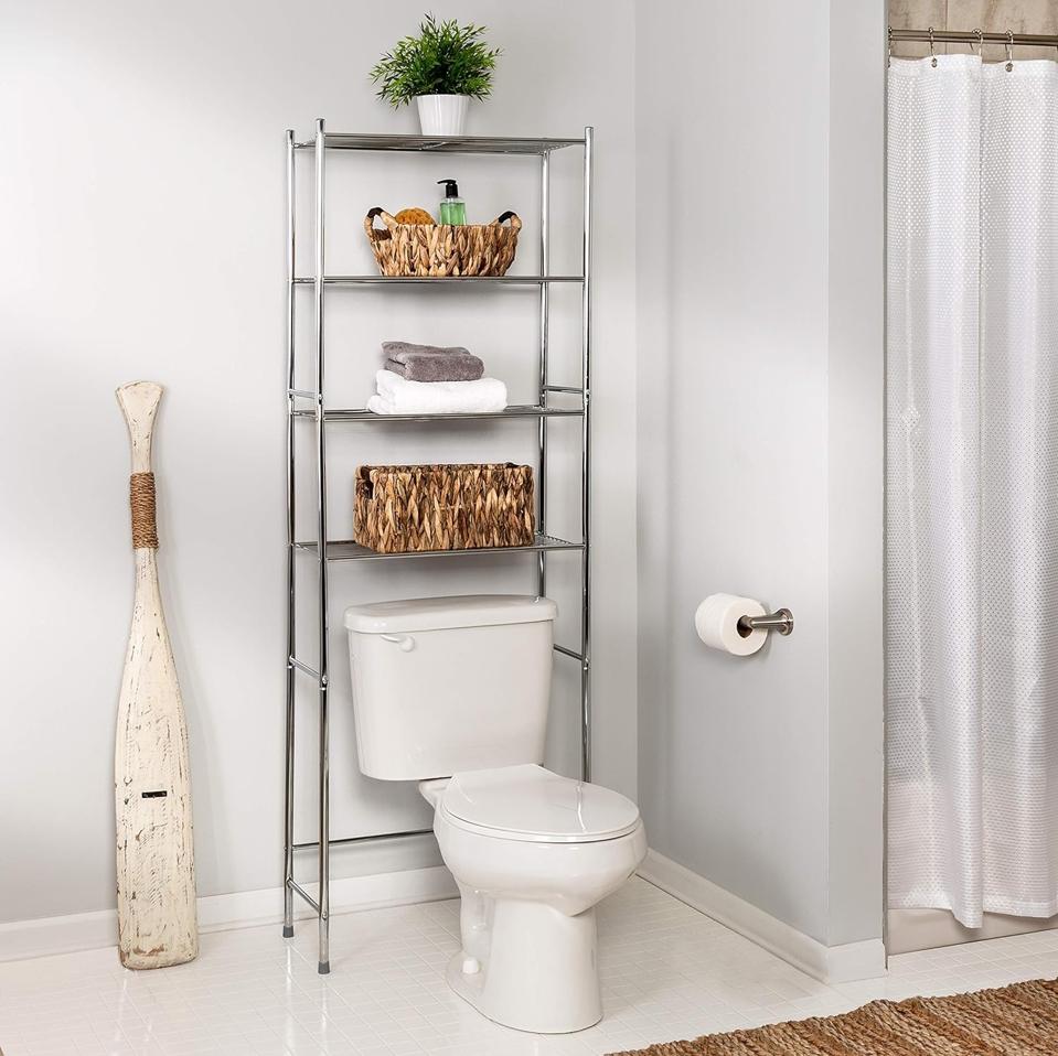 The Honey-Can-Do Space Saver Shelf in a gray bathroom