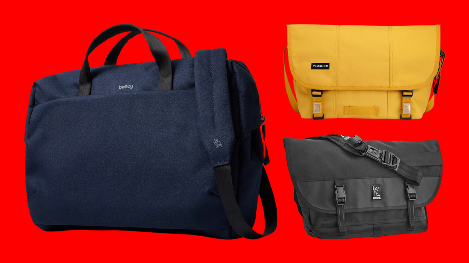 Three messenger bags against red background